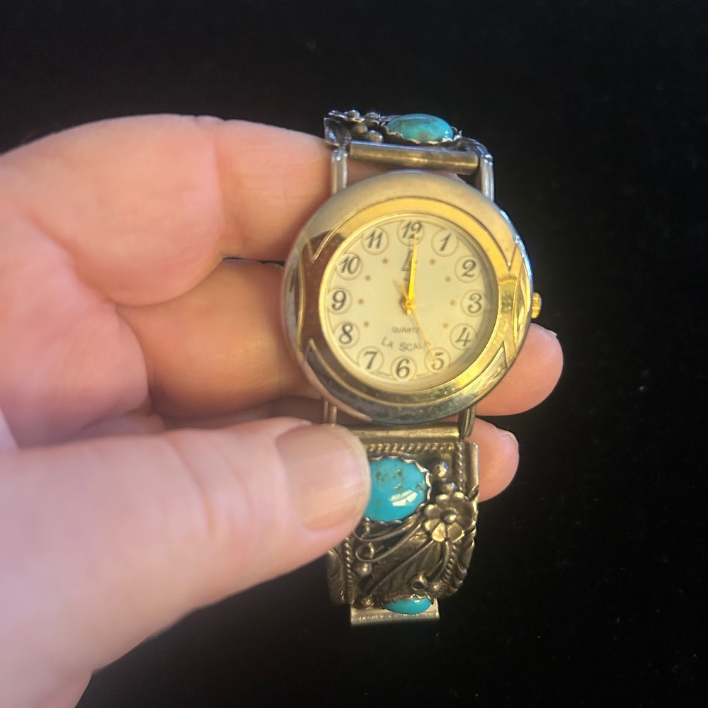 Men's LASCALA Watch -Vintage Sterling Silver & Turquoise Watchband Signed